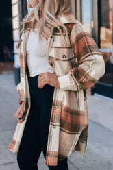 Pocketed Plaid Collared Neck Shacket OutfitFlow